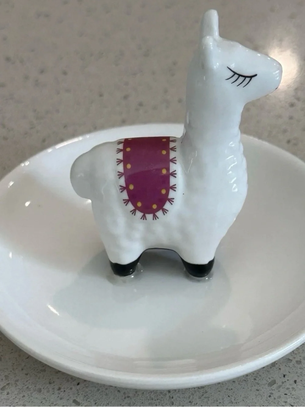 White Ceramic Llama Ring Holder with Pink Saddle